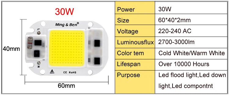 2 Pieces LED COB Bulb Chip 20W 30W 50W Smart IC 110V 230V Chip For DIY Flood Light Day White Cold White Warm White LED Beads