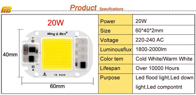 2 Pieces LED COB Bulb Chip 20W 30W 50W Smart IC 110V 230V Chip For DIY Flood Light Day White Cold White Warm White LED Beads