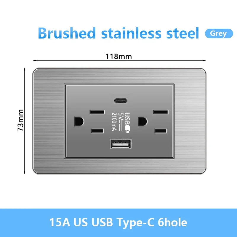 American Wall Electric Light Switch Stainless Steel Power Socket,Mexico Thailand plugs with Dual USB Type C Quick Charge Outlet