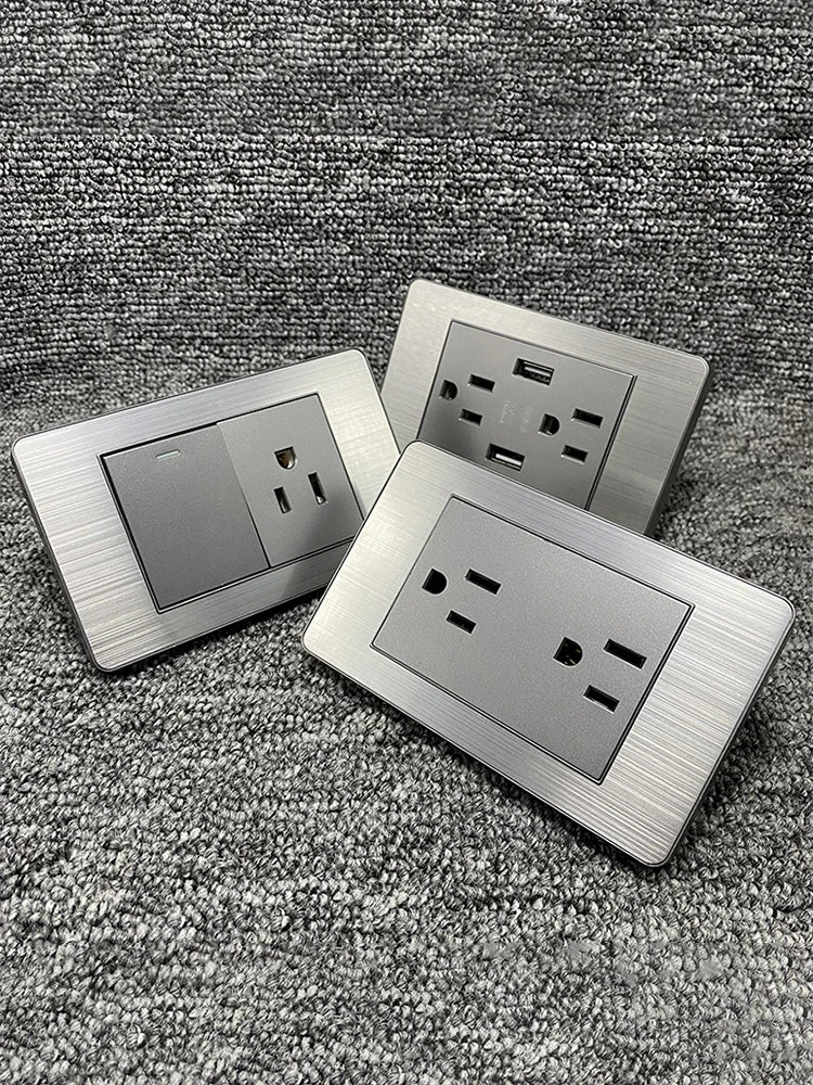 American Wall Electric Light Switch Stainless Steel Power Socket,Mexico Thailand plugs with Dual USB Type C Quick Charge Outlet