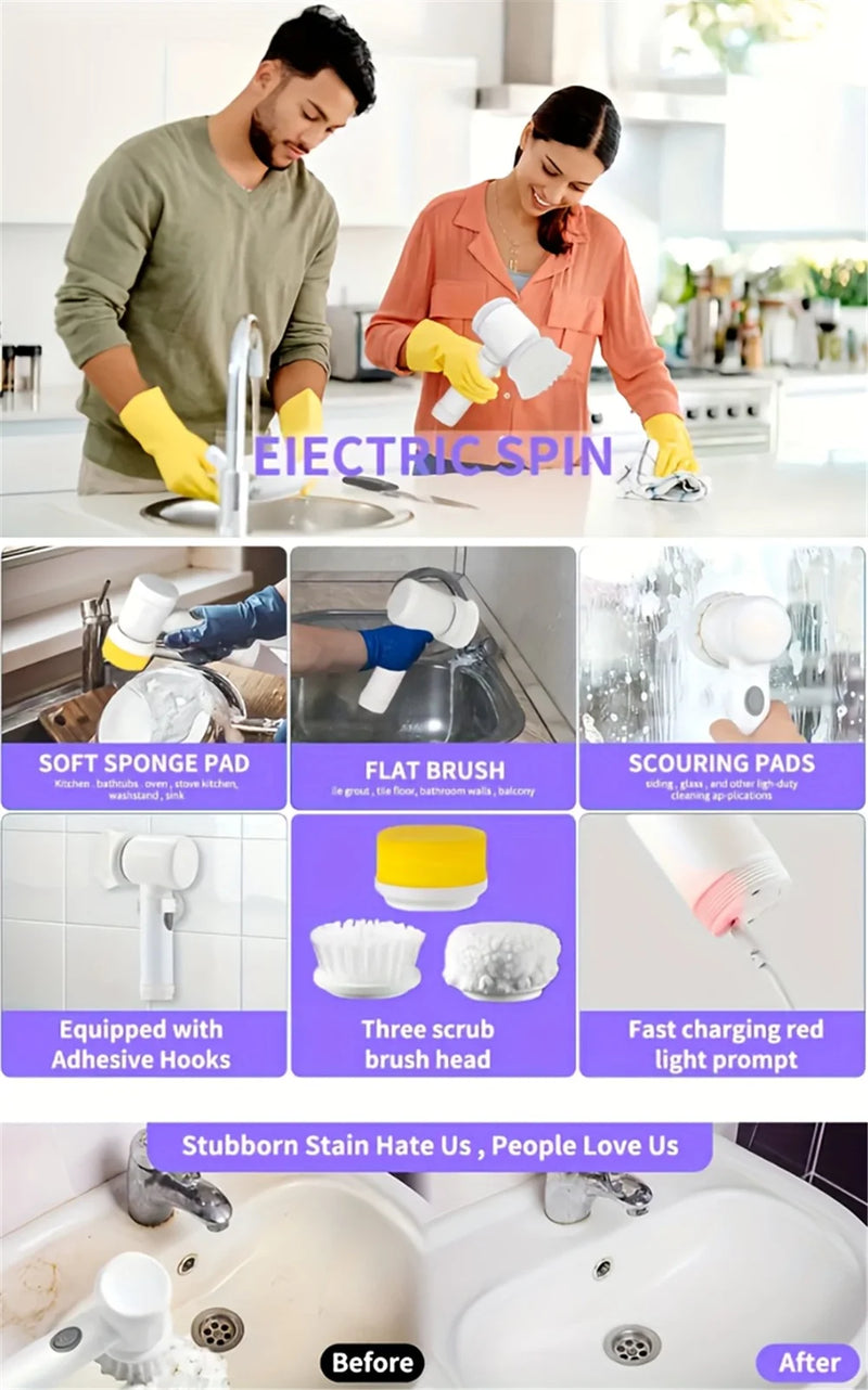 Electric Spin Scrubber With 5 Replaceable Brush Head Power Electric Cleaning Brush Handheld Rechargeable Shower Scrubber