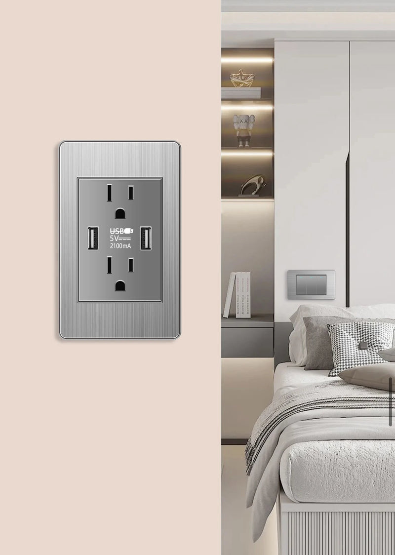 American Wall Electric Light Switch Stainless Steel Power Socket,Mexico Thailand plugs with Dual USB Type C Quick Charge Outlet