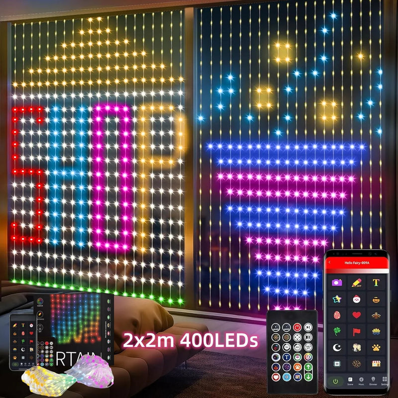 USB Smart APP Animated Curtain Light String 400LED DIY Picture Display Music Sync RGB Fairy Light Christmas Holiday Party Decor