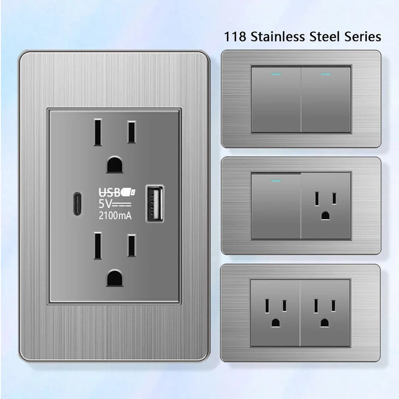 American Wall Electric Light Switch Stainless Steel Power Socket,Mexico Thailand plugs with Dual USB Type C Quick Charge Outlet