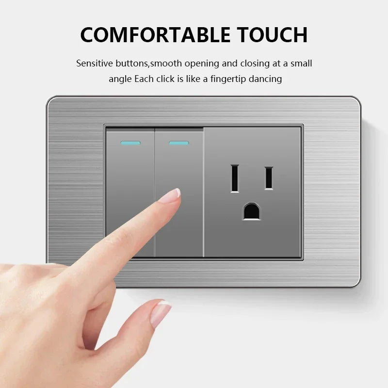 American Wall Electric Light Switch Stainless Steel Power Socket,Mexico Thailand plugs with Dual USB Type C Quick Charge Outlet