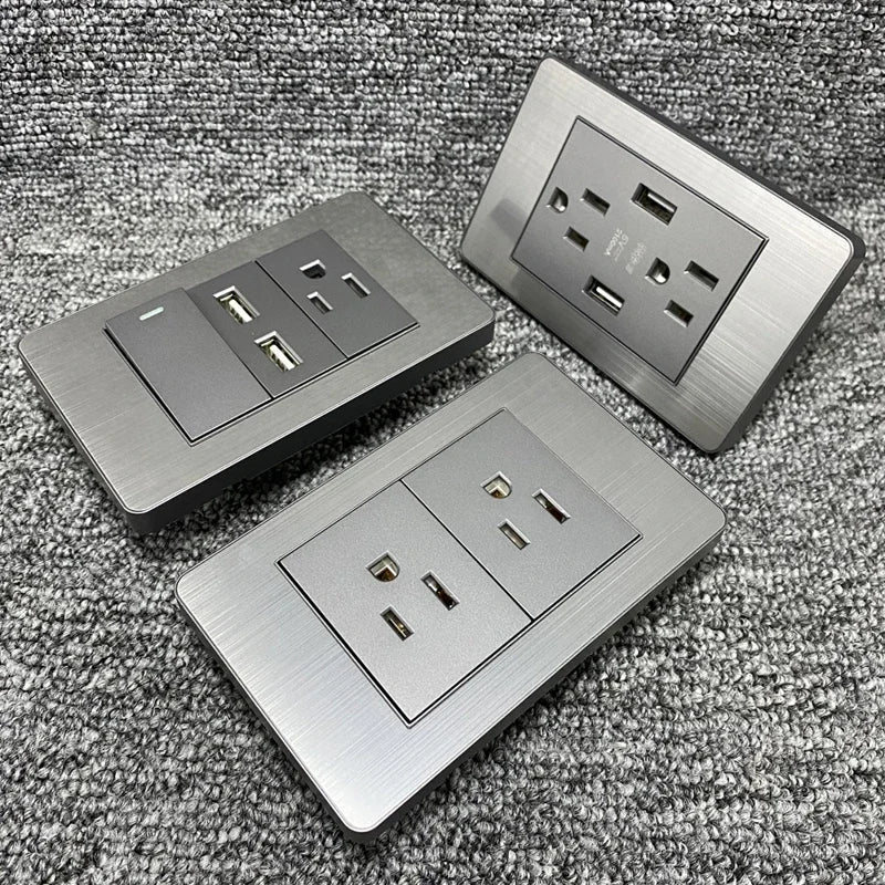 American Wall Electric Light Switch Stainless Steel Power Socket,Mexico Thailand plugs with Dual USB Type C Quick Charge Outlet