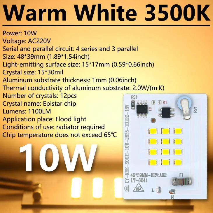 Super Bright LED Lamp Chips 220V SMD Bulb 2835 Smart IC Led Light Input 10W 20W 30W 50W 100W For Outdoor FloodLight Garden Light