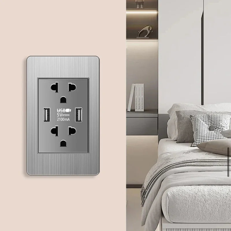 American Wall Electric Light Switch Stainless Steel Power Socket,Mexico Thailand plugs with Dual USB Type C Quick Charge Outlet