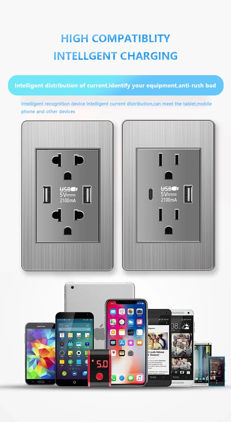 American Wall Electric Light Switch Stainless Steel Power Socket,Mexico Thailand plugs with Dual USB Type C Quick Charge Outlet