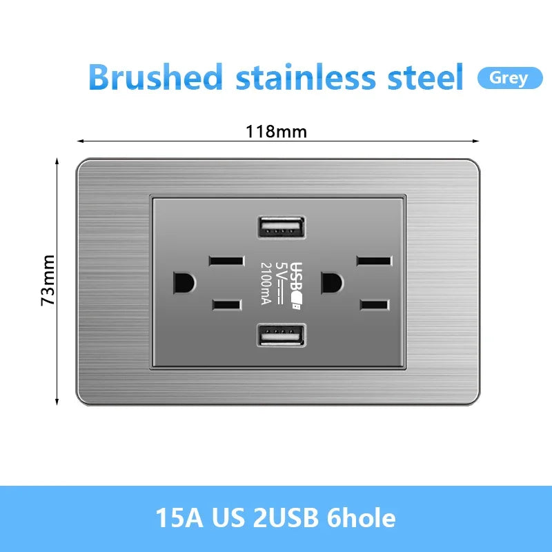 American Wall Electric Light Switch Stainless Steel Power Socket,Mexico Thailand plugs with Dual USB Type C Quick Charge Outlet