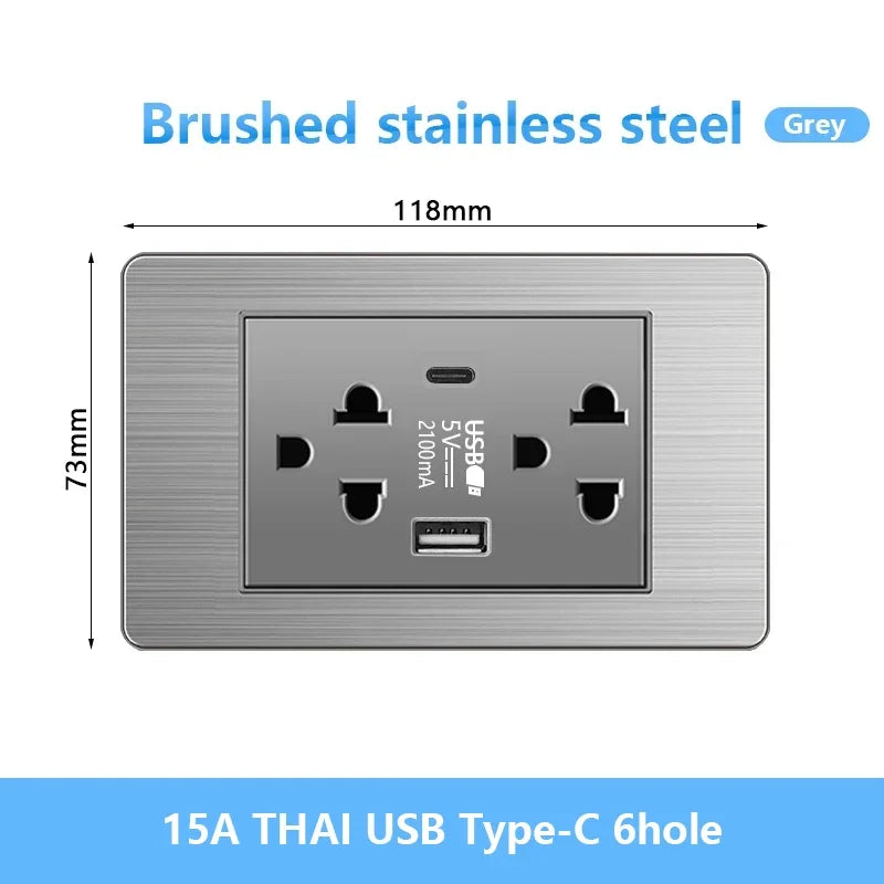 American Wall Electric Light Switch Stainless Steel Power Socket,Mexico Thailand plugs with Dual USB Type C Quick Charge Outlet