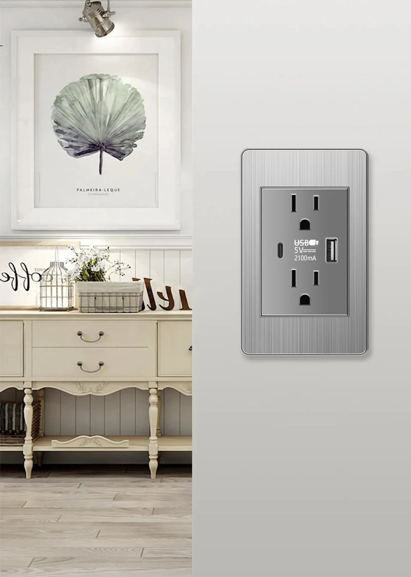 American Wall Electric Light Switch Stainless Steel Power Socket,Mexico Thailand plugs with Dual USB Type C Quick Charge Outlet