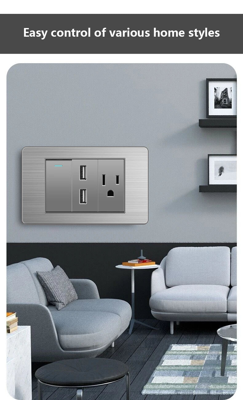 American Wall Electric Light Switch Stainless Steel Power Socket,Mexico Thailand plugs with Dual USB Type C Quick Charge Outlet