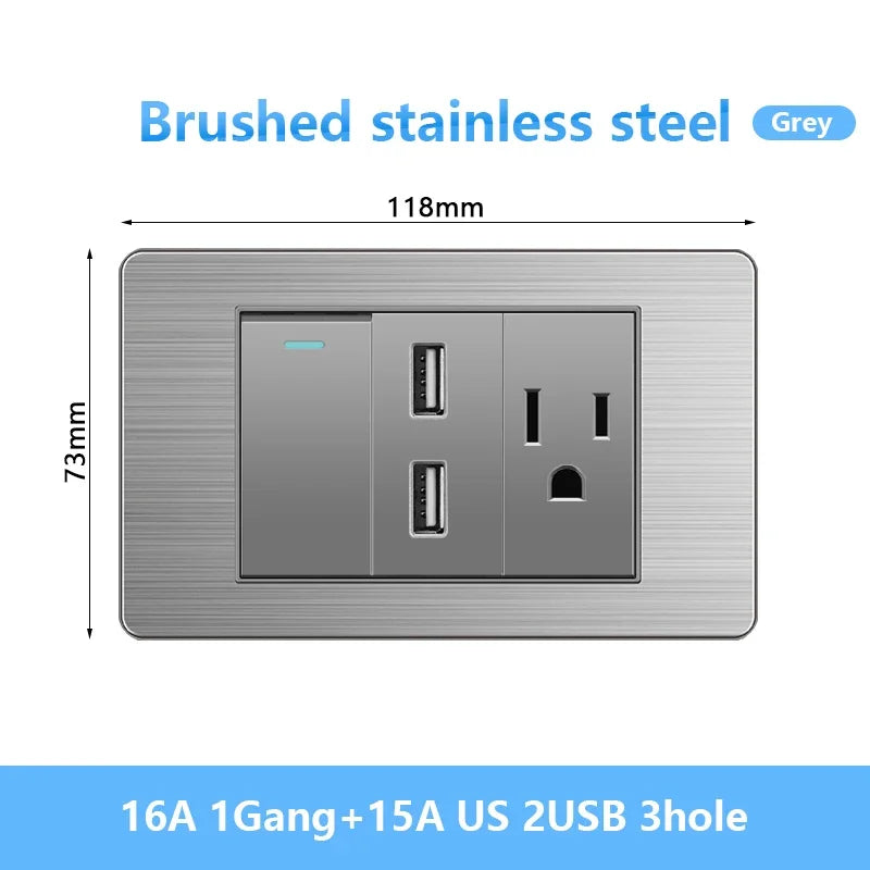 American Wall Electric Light Switch Stainless Steel Power Socket,Mexico Thailand plugs with Dual USB Type C Quick Charge Outlet