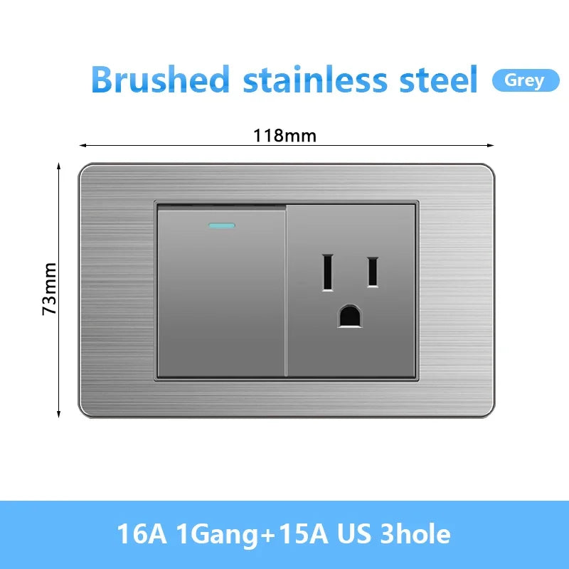 American Wall Electric Light Switch Stainless Steel Power Socket,Mexico Thailand plugs with Dual USB Type C Quick Charge Outlet