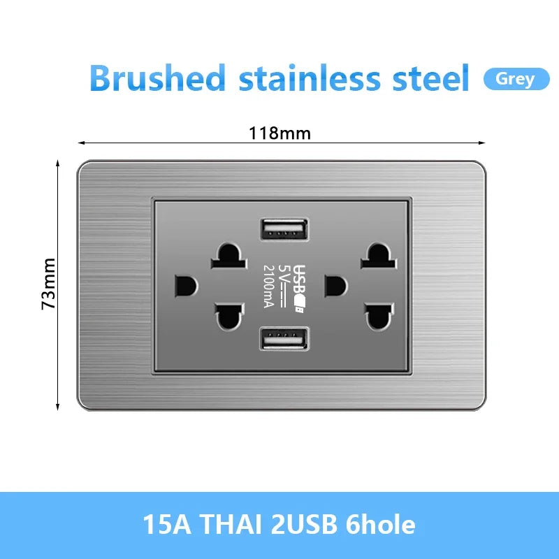 American Wall Electric Light Switch Stainless Steel Power Socket,Mexico Thailand plugs with Dual USB Type C Quick Charge Outlet