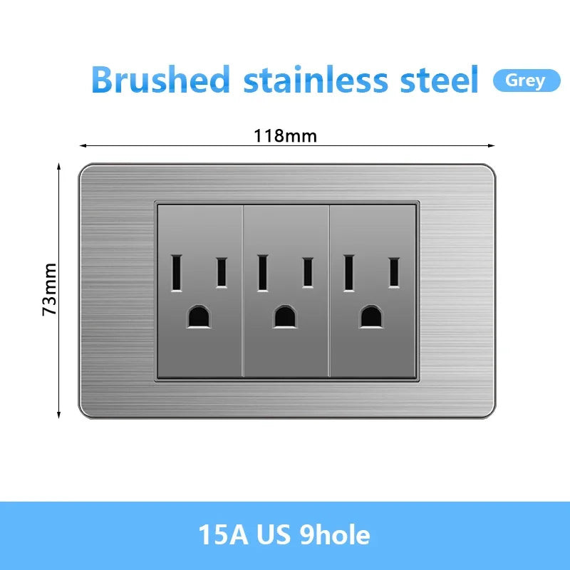 American Wall Electric Light Switch Stainless Steel Power Socket,Mexico Thailand plugs with Dual USB Type C Quick Charge Outlet